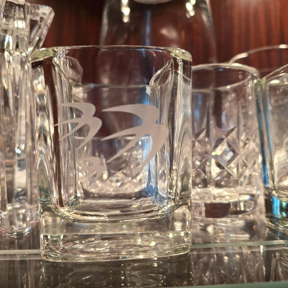 OZARK Airlines Set of 7 Square Etched Bird Logo Lowball Clear Glass MCM Barware - Picture 3 of 12